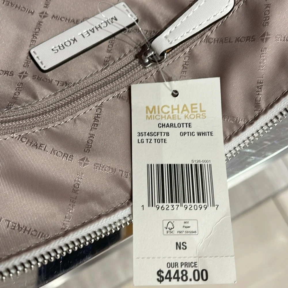 Michael Kors Charlotte Large Logo and Leather Top-Zip Tote Bag
Optic White 
NWT - Picture 10 of 16